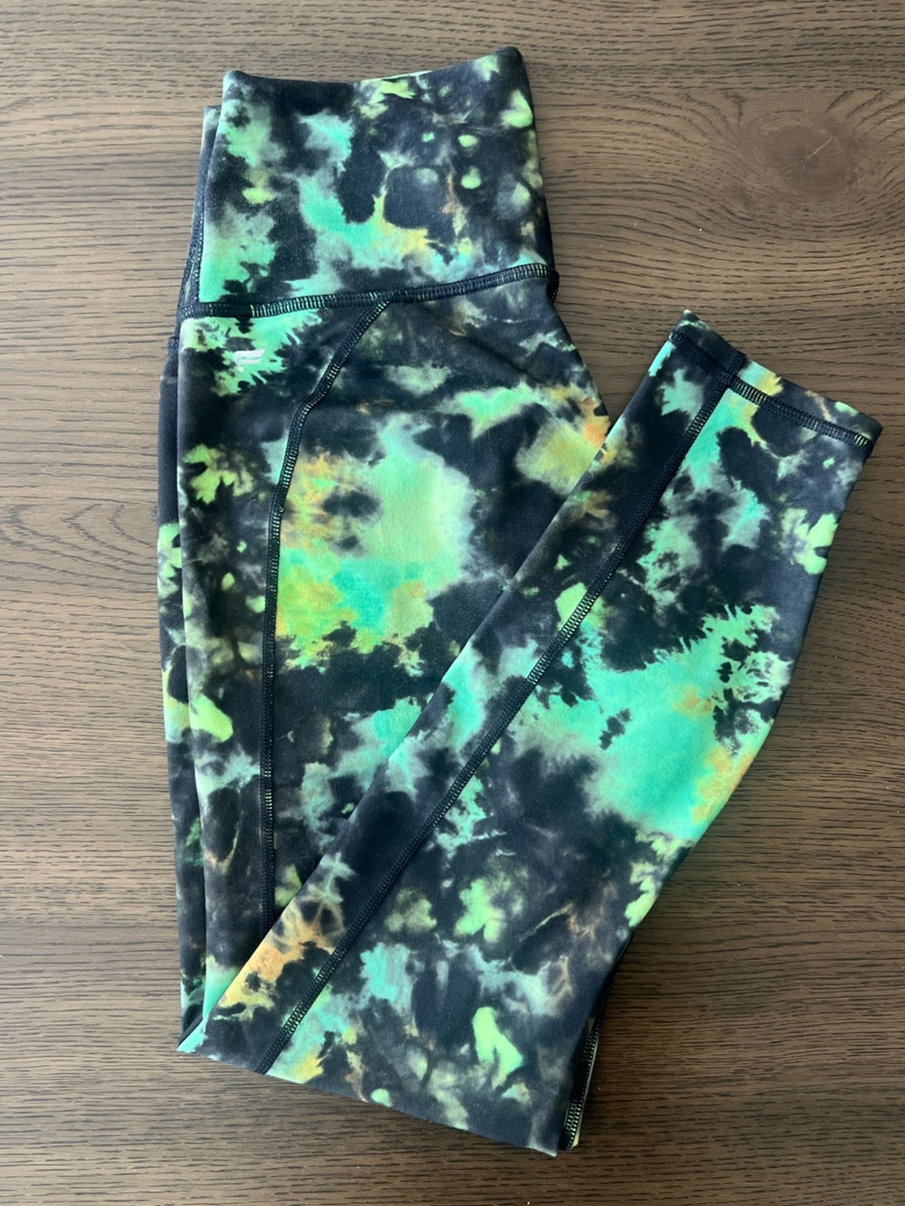 Fabletics High Waisted Powerhold 7/8 Leggings in Black and Green Tie Dye